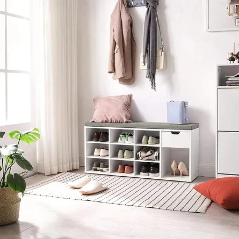 10-Cubby Shoe Storage Bench with Drawer