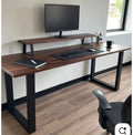 Industrial Hardwood Desk with Integrated Monitor Stand & Metal U-Legs