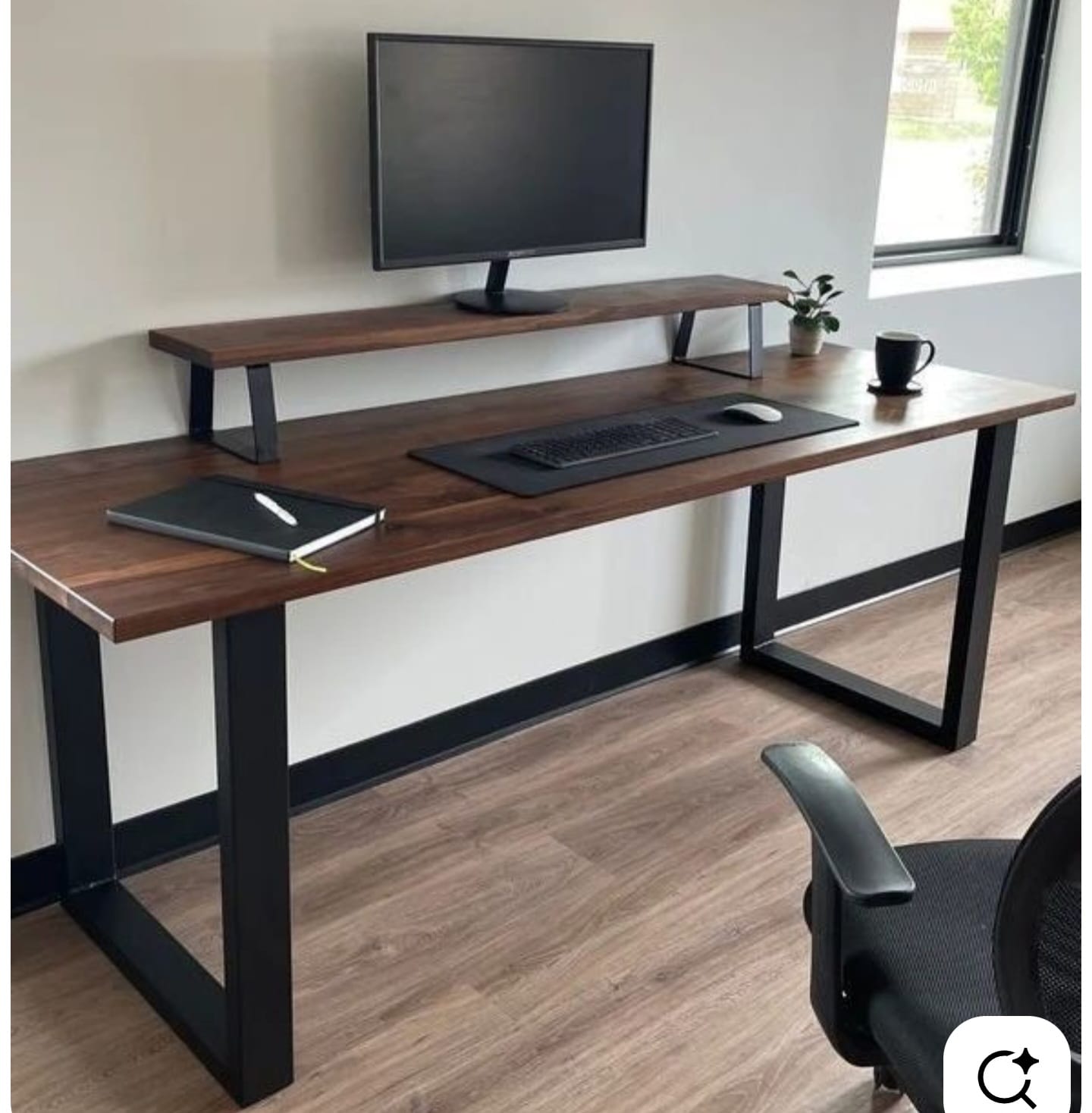Industrial Hardwood Desk with Integrated Monitor Stand & Metal U-Legs