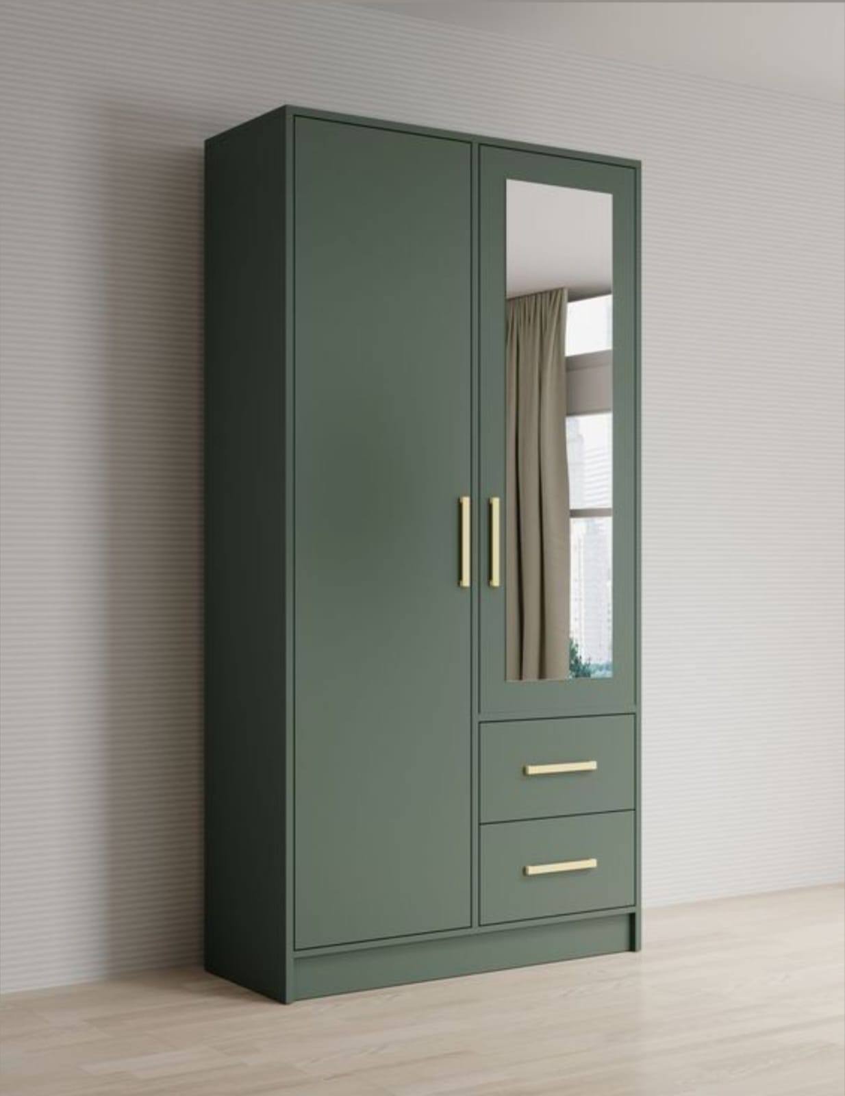 Modern Sage Green 2-Door Wardrobe with Integrated Mirror & Gold Accents