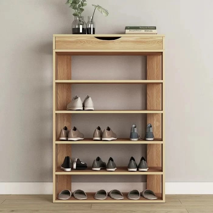 Modern Minimalist Wooden Shoe Rack with Top Drawer & Open Shelves