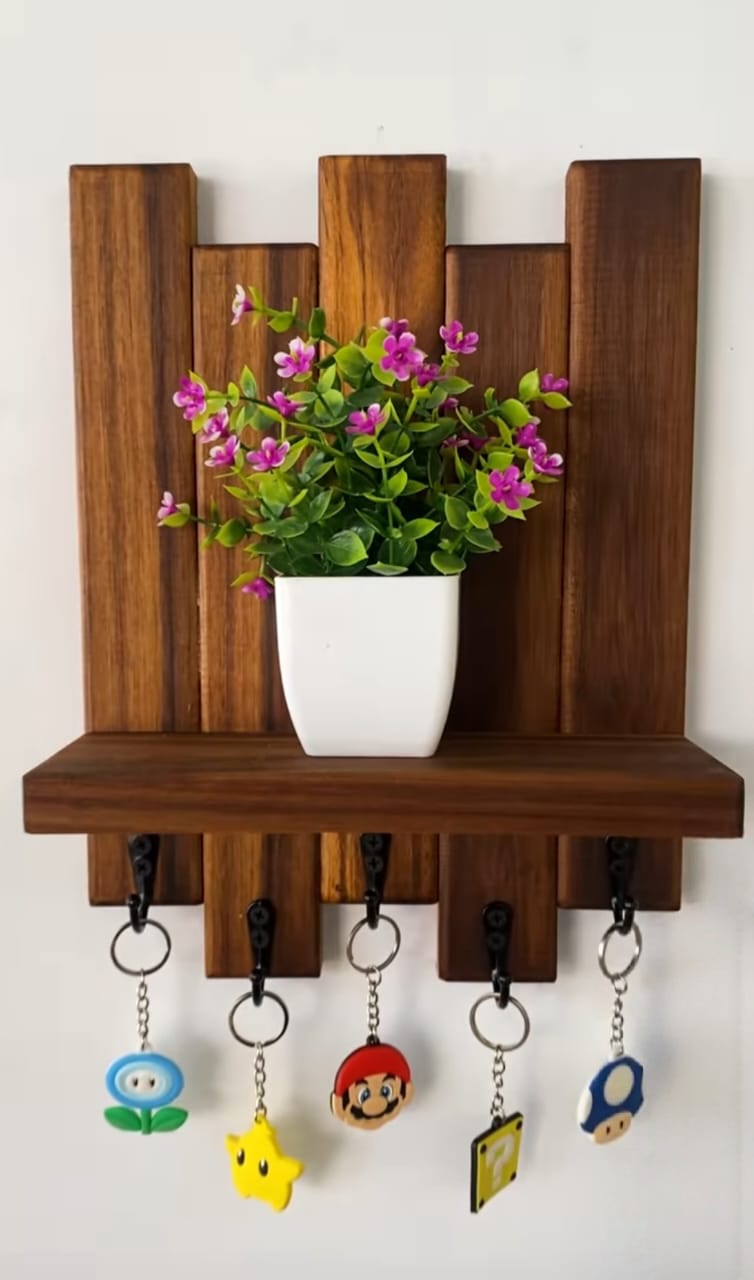 Rustic Wooden Key Holder with Floating Shelf