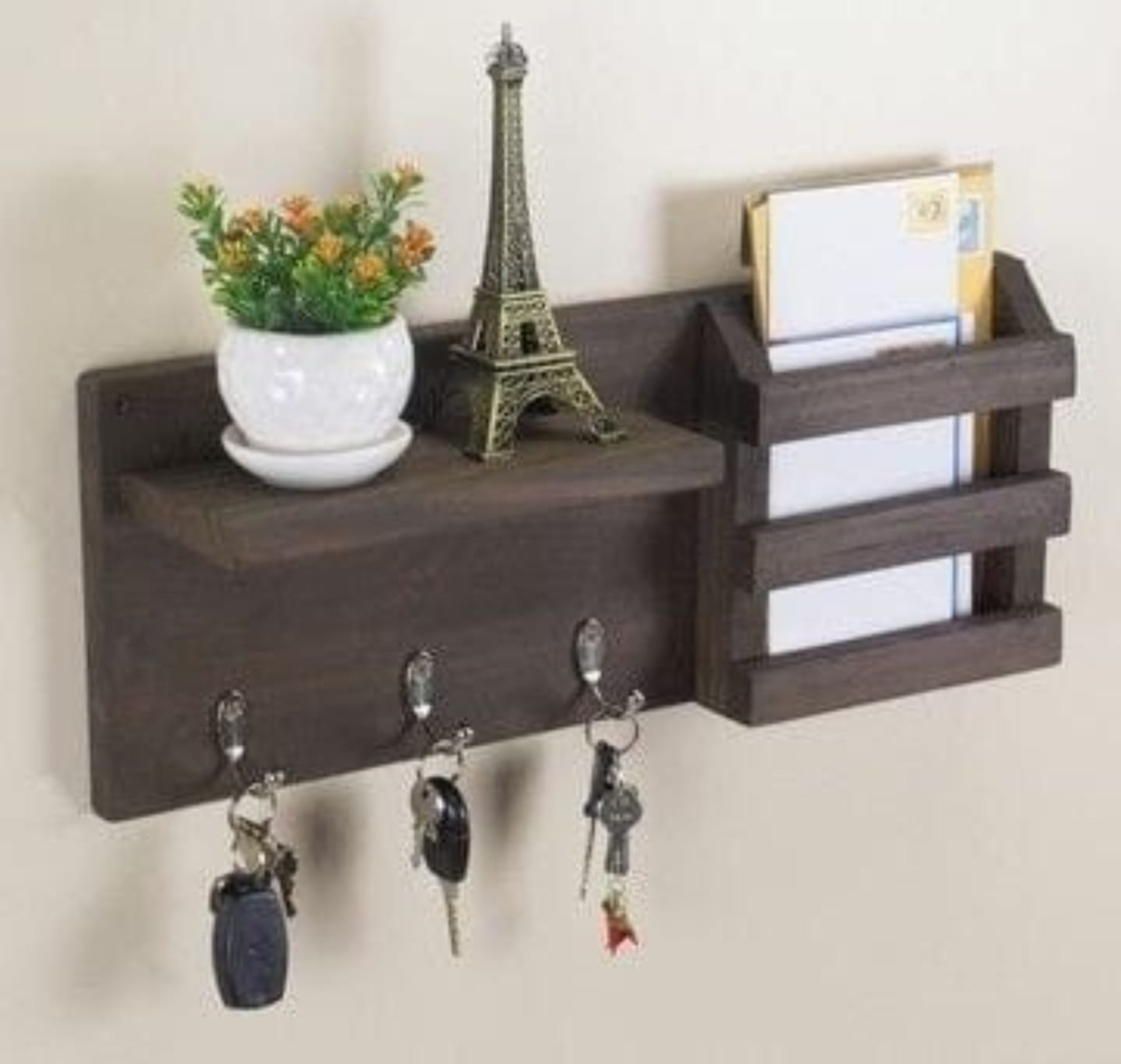 Wooden Wall-Mounted Key Holder & Mail Organizer